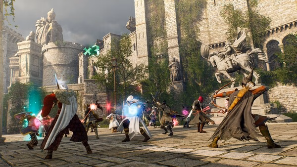 Throne and Liberty screenshot: Characters with weapons and glowing effects gather in a stone courtyard near a large statue.