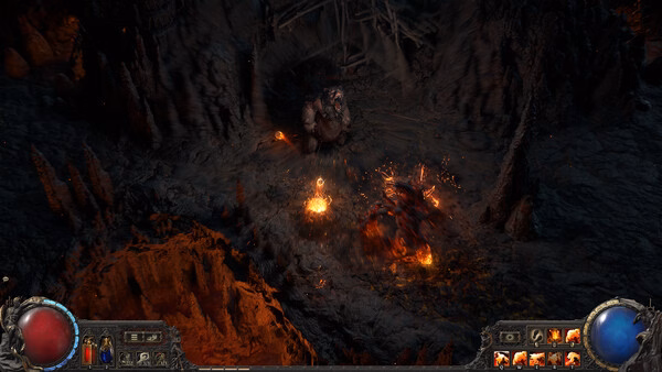 Path of Exile 2 screenshot showing a player character casting spells in a dark cavern with fiery effects.