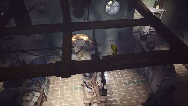 Screenshot from Little Nightmares showing a small figure in a yellow raincoat walking across a beam in a kitchen scene.