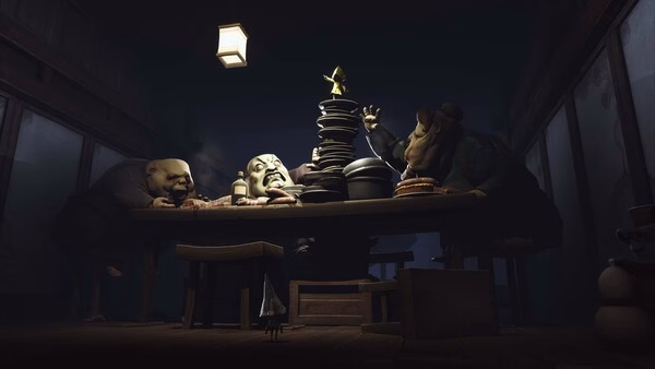 Little Nightmares screenshot: A small figure stands atop stacked plates on a dining table surrounded by large, eerie figures.