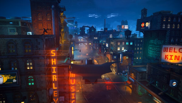A screenshot from LEGO® Batman™: Legacy of the Dark Knight showing Batman gliding over a vibrant Gotham City at night.
