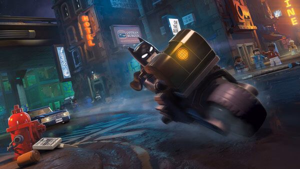 Batman rides a motorcycle through a rainy city street in this screenshot from LEGO® Batman™: Legacy of the Dark Knight.