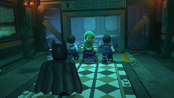 Screenshot from LEGO® Batman™: Legacy of the Dark Knight showing Batman approaching Joker in an interrogation room.