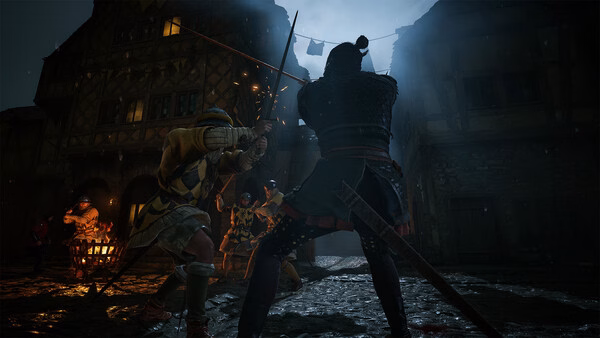 A screenshot from The Blood of Dawnwalker showing a nighttime sword fight in a medieval village with glowing sparks flying.