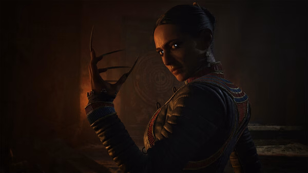 Screenshot from The Blood of Dawnwalker showing a figure with long claws in a dark, mysterious environment.
