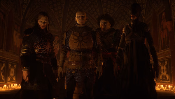 A screenshot from The Blood of Dawnwalker showing four characters in ornate armor standing in a candlelit gothic room.