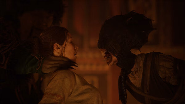Screenshot from 'The Blood of Dawnwalker' showing a creature confronting a person held by another figure in a dimly lit room.