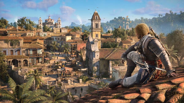 Screenshot from Assassin's Creed Black Flag Resynced showing Edward Kenway overlooking a vibrant colonial town from a rooftop.