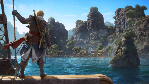 Screenshot from Assassin's Creed Black Flag Resynced showing a character on a ship gazing at a lush, rocky island.