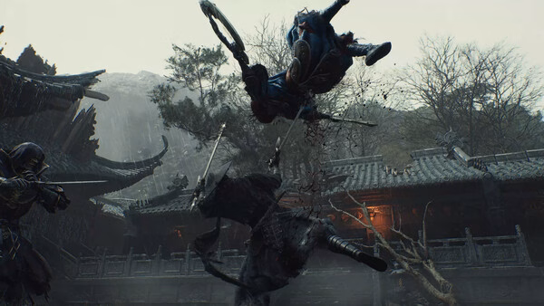 Screenshot from Phantom Blade Zero showing two characters in combat with swords, set in a dark, detailed, traditional Asian environment.