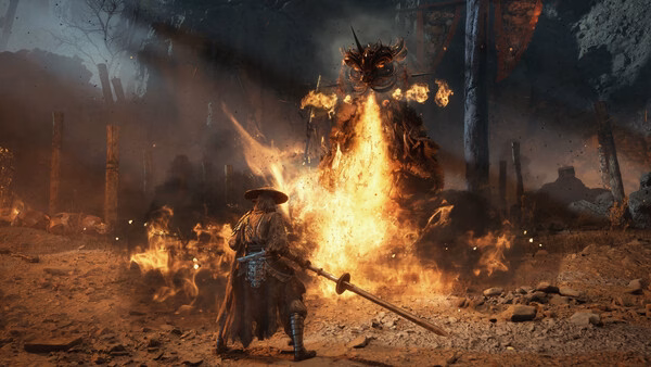 Screenshot from Phantom Blade Zero showing a swordsman facing a fiery, monstrous enemy in a dramatic, dark battlefield.