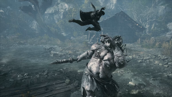 Screenshot from Phantom Blade Zero showing a character leaping above a large, armored enemy in a forest setting.