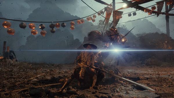 Screenshot from Phantom Blade Zero showing a warrior in combat with a creature, surrounded by lanterns and misty mountains.