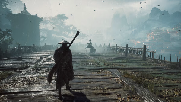 Screenshot from Phantom Blade Zero showing a character with a sword walking on a weathered wooden bridge in a misty, ancient landscape.