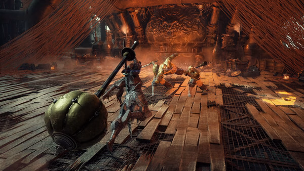 Phantom Blade Zero screenshot: A warrior with a large mace clashes with two armored foes in a dimly lit, detailed arena.