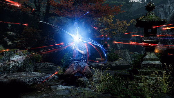 Screenshot from Onimusha: Way of the Sword showing a warrior casting a spell in a forest with glowing effects.