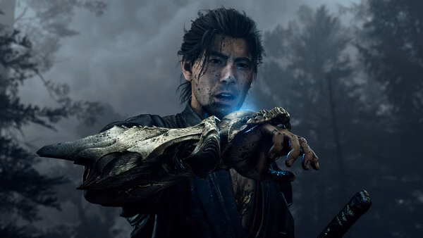 Screenshot from Onimusha: Way of the Sword showing a character with a glowing gauntlet in a misty, forested setting.