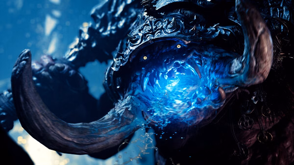 A screenshot from Onimusha: Way of the Sword showing a menacing horned creature emitting a glowing blue energy from its mouth.