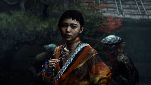 A screenshot from Onimusha: Way of the Sword showing a character in vibrant robes with a lush, eerie forest backdrop.