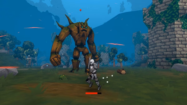 Screenshot from Megabonk showing a knight battling a large, green stone creature in a castle ruin landscape.