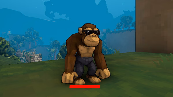 Screenshot from Megabonk showing a pixelated gorilla wearing sunglasses and standing on grassy terrain.