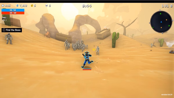 Megabonk screenshot: Player character runs towards a group of robot enemies in a desert landscape with scattered cacti and ruins.