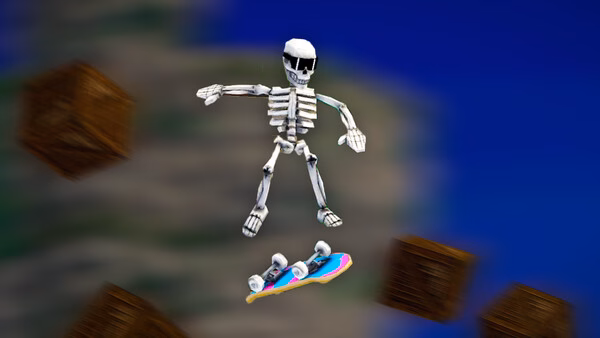A Megabonk screenshot showing a skeleton mid-air, dodging wooden crates while riding a colorful skateboard against a blurred background.