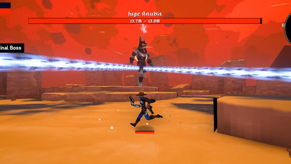 Megabonk screenshot: Player character battles 'Huge Anubis' under a red sky, dodging energy beams in a rocky arena.