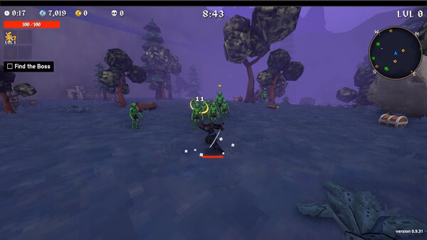 Screenshot from Megabonk: A player character battles green monsters in a misty forest, aiming to find the boss.