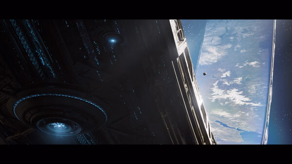 A screenshot from Halo: Campaign Evolved showing a massive space structure and a distant planet in the background.