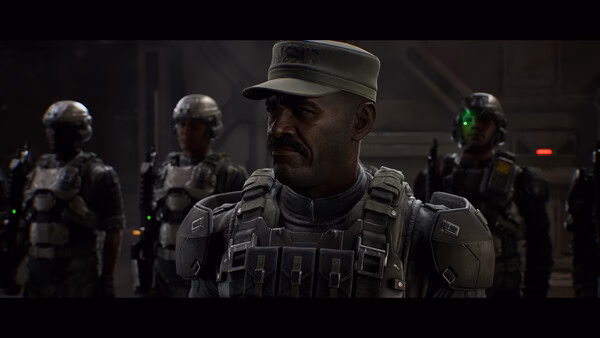 Halo: Campaign Evolved screenshot showing a group of armored soldiers standing in a dimly lit futuristic setting.