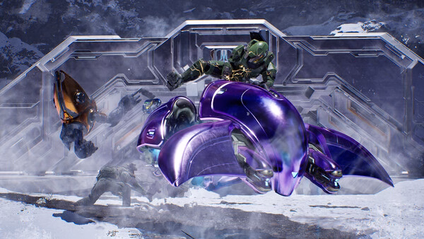 Halo: Campaign Evolved screenshot showing a futuristic soldier leaping from a purple vehicle in a snowy landscape.