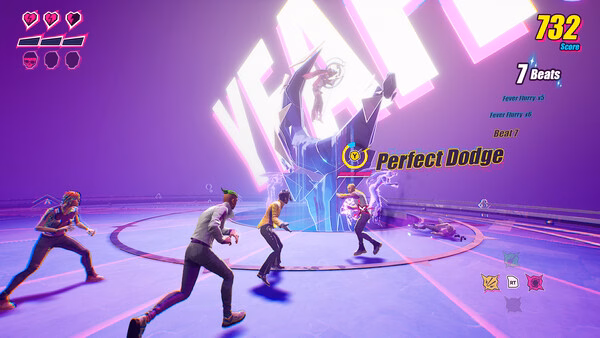Screenshot from Dead as Disco shows four characters battling a large mechanical foe in a vibrant arena with "Perfect Dodge" displayed.