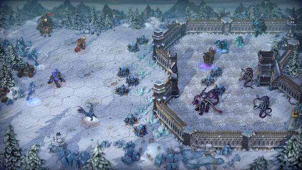 Heroes of Might and Magic: Olden Era screenshot shows a snowy battlefield with mythical creatures near a fortified castle.