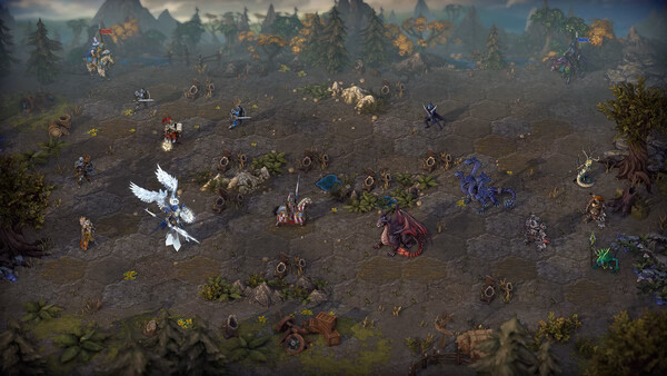 Screenshot of Heroes of Might and Magic: Olden Era showing a battlefield with mythical creatures and warriors on hexagonal tiles.