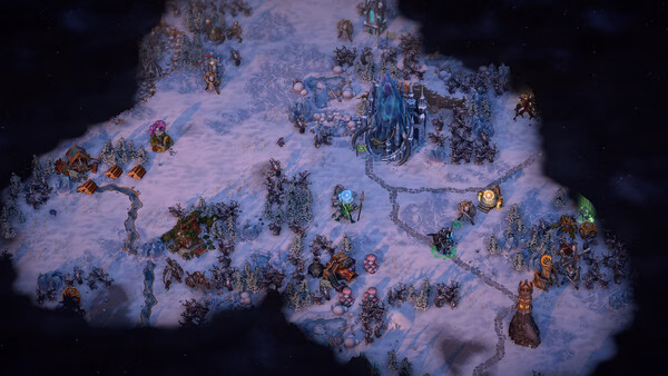 Screenshot of Heroes of Might and Magic: Olden Era showing a snowy landscape with buildings, paths, and various structures.