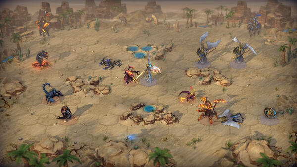 Screenshot from Heroes of Might and Magic: Olden Era showing a desert battlefield with creatures and warriors in strategic combat.