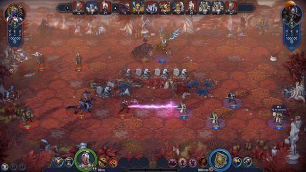 Heroes of Might and Magic: Olden Era screenshot showing a turn-based battle on a hex-grid with creatures and magic effects in a red terrain.