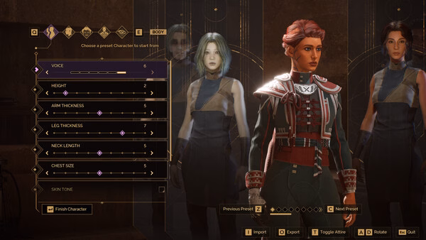 Screenshot from 'Dune: Awakening' showing character customization options with sliders and three character models in view.