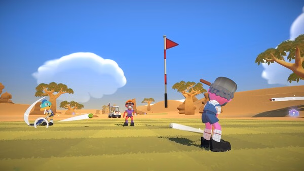 Screenshot from Super Battle Golf showing characters in a desert-themed course, aiming and swinging golf clubs near a flagpole.
