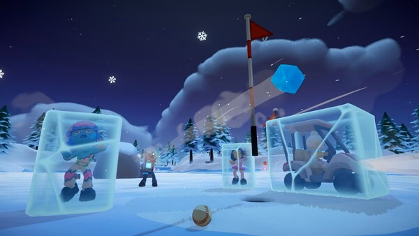 Screenshot of Super Battle Golf showing frozen characters, a golf ball, and a flagpole on a snowy course under a night sky.