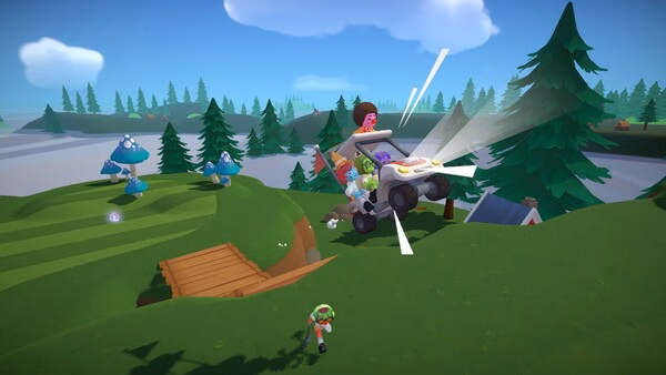 Screenshot from Super Battle Golf showing characters in a flying golf cart over a green course with trees and a bridge.