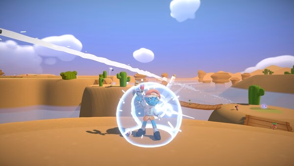 Super Battle Golf screenshot: A character surrounded by a glowing sphere stands on a cliff, aiming toward floating islands and bridges.