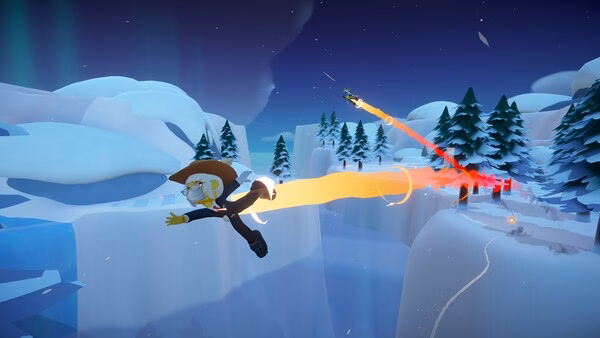 Super Battle Golf screenshot: A character in a cowboy hat flies over snowy terrain, trailing bright orange light, with trees below.