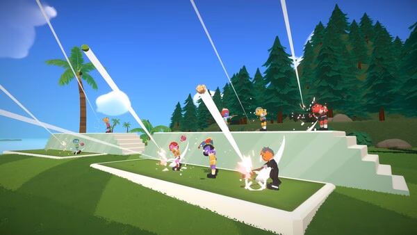 Super Battle Golf screenshot: Players engage in a lively golf match with colorful outfits and dynamic swings against a scenic backdrop.