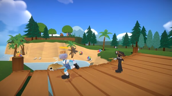 Super Battle Golf screenshot: Two characters in colorful outfits on a wooden bridge, with tropical scenery in the background.