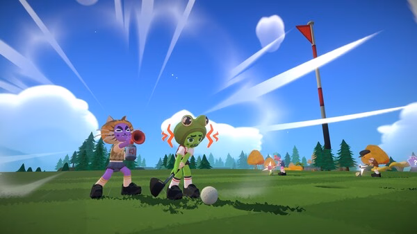 Screenshot from Super Battle Golf showing two characters on a vibrant golf course, one swinging a club, and another blowing a horn.
