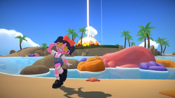 Super Battle Golf screenshot: A cheerful character poses on a tropical beach with palm trees and colorful rocks nearby.