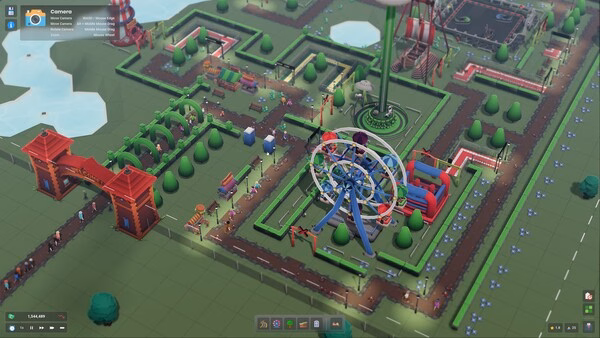 s&box screenshot: A colorful amusement park with a Ferris wheel, paths, and various attractions on a green grid landscape.
