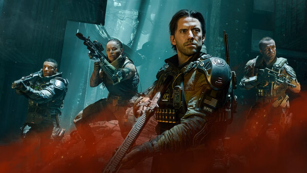 Screenshot from Call of Duty: Black Ops 7 shows four soldiers in tactical gear aiming weapons in a dark, futuristic environment.